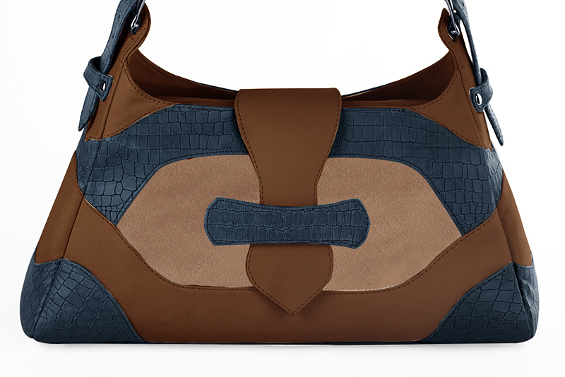 Dress handbag in denim blue, biscuit beige and caramel brown leather - Profile view
